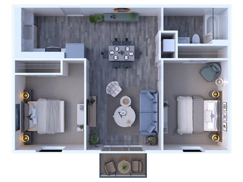A top-down view of a small apartment with a kitchen, living room, and bedroom.
